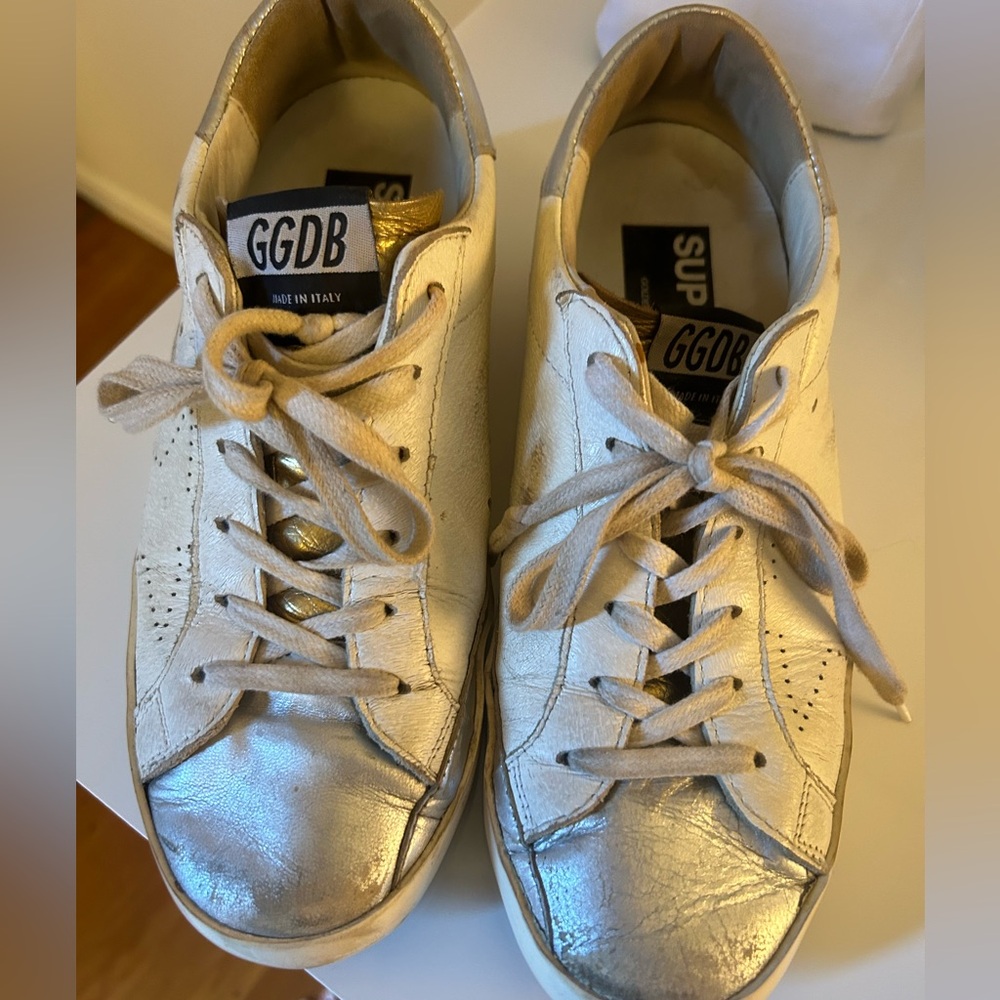 Golden Goose White Sneakers with Gold and Silver